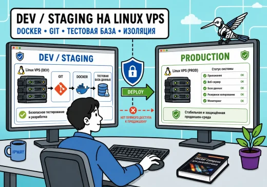 Dev/Staging на Linux VPS: инженер IPWAY показывает отдельную тестовую среду с Git, Docker и тестовой базой, изолированную от production.