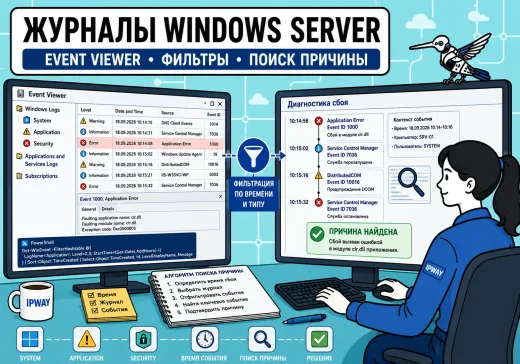 Диагностика Windows Server по журналам: инженер IPWAY анализирует события Event Viewer, фильтрует ошибки по времени и находит причину сбоя.