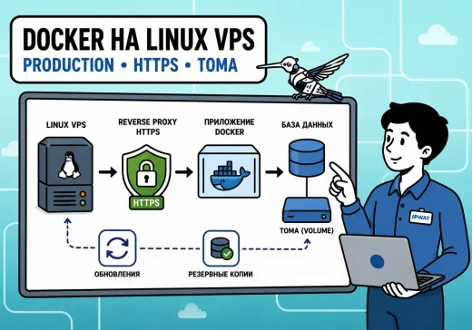 Схема production-развертывания Docker на Linux VPS: reverse proxy с HTTPS, Docker-приложение, база данных, тома, обновления и резервные копии
