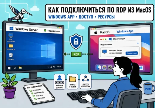 Подключение с Mac к Windows Server через Windows App: инженер IPWAY работает с удаленным рабочим столом по RDP и использует локальные ресурсы macOS.