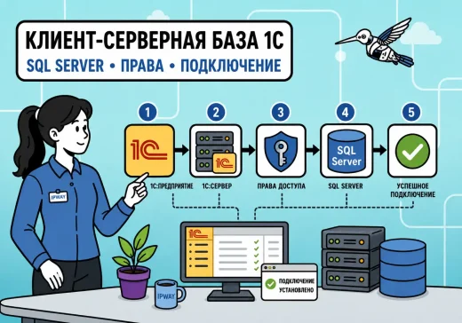 Создание клиент-серверной базы 1С в Microsoft SQL Server: инженер IPWAY показывает схему 1С → сервер 1С → права → SQL Server и успешное подключение.