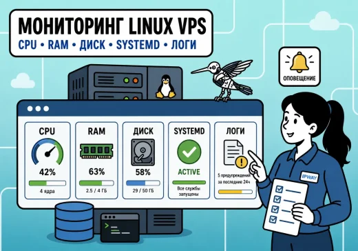 Мониторинг Linux VPS: инженер IPWAY контролирует CPU, RAM, диск, состояние systemd, логи и базовые уведомления о проблемах сервера.