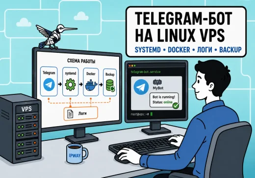 Telegram-бот на Linux VPS: схема запуска через systemd или Docker, автозапуск, логи и резервное копирование, рядом фирменная механическая птица IPWAY.