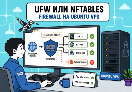 Настройка UFW и nftables на Ubuntu VPS: инженер IPWAY проверяет firewall, разрешенные порты SSH, HTTP и HTTPS и блокировку лишнего входящего трафика.