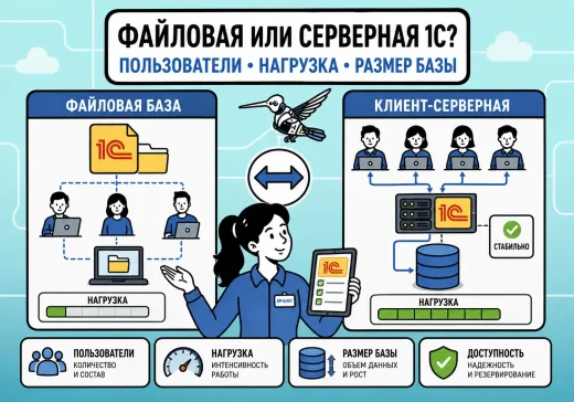 Сравнение файловой и клиент-серверной базы 1С: инженер IPWAY показывает различия по числу пользователей, размеру базы, нагрузке и требованиям к доступности.