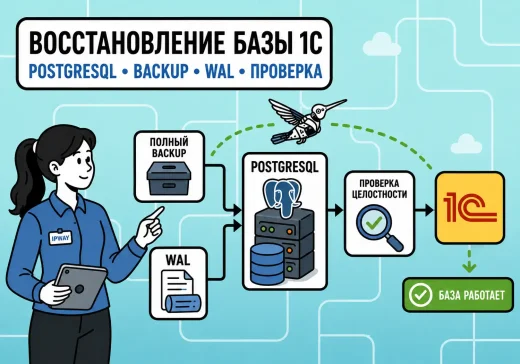 Восстановление базы 1С в PostgreSQL: инженер IPWAY показывает восстановление из полного backup и WAL с последующей проверкой целостности и успешным запуском базы 1С.