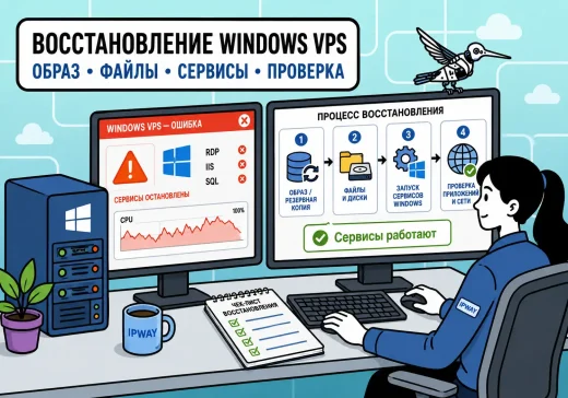 Восстановление Windows VPS после сбоя: инженер IPWAY проверяет образ, файлы, запуск служб Windows и успешную работу сервисов после восстановления.