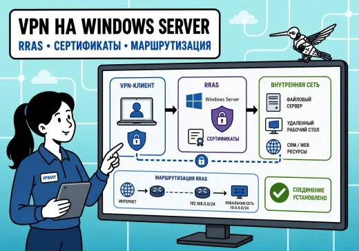 VPN на Windows Server через RRAS: инженер IPWAY показывает защищенное подключение сотрудников, сертификаты, маршрутизацию и доступ к внутренним ресурсам компании.