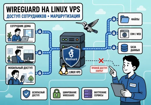 Защищенный доступ сотрудников через WireGuard на Linux VPS к внутренним сервисам компании: устройства подключаются по VPN-туннелю через сервер IPWAY.