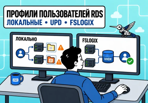 Инженер сравнивает локальные профили пользователей RDS с единым контейнером FSLogix VHDX на двух мониторах.