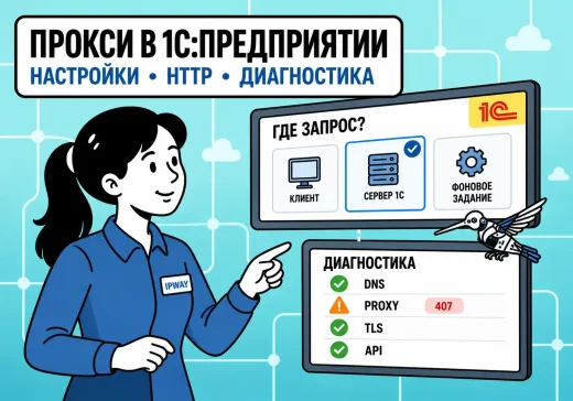 Девушка-инженер диагностирует работу прокси в 1С:Предприятии, определяя место выполнения HTTP-запроса и проверяя DNS, прокси, TLS и доступ к API.