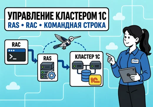 Девушка-инженер показывает схему управления кластером 1С из командной строки через RAC и сервер администрирования RAS