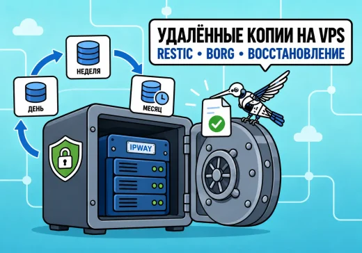 Зашифрованные удалённые резервные копии на VPS с хранением ежедневных, еженедельных и ежемесячных снимков и проверкой восстановления.